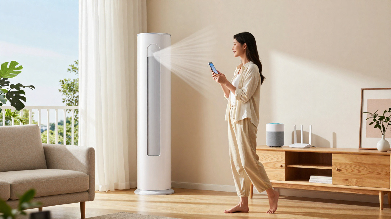 Mulher controlando ar condicionado torre com smartphone numa sala luminosa e moderna.