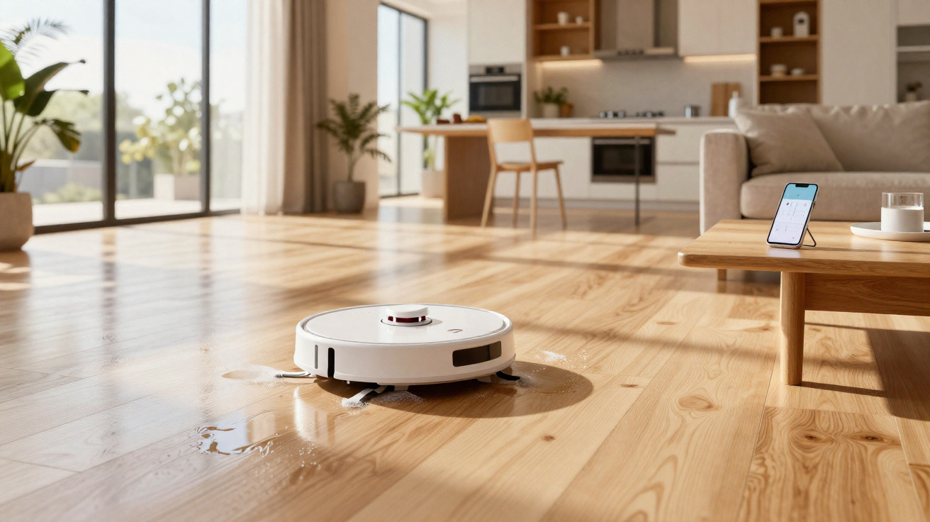 Robot aspirador a limpar piso de madeira numa sala luminosa com móveis modernos e janelas amplas.