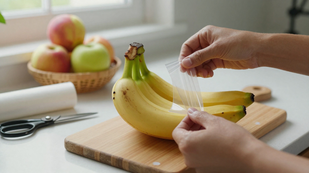 Mãos a envolver um cacho de bananas com película transparente numa cozinha, com uma tigela de maçãs ao fundo.