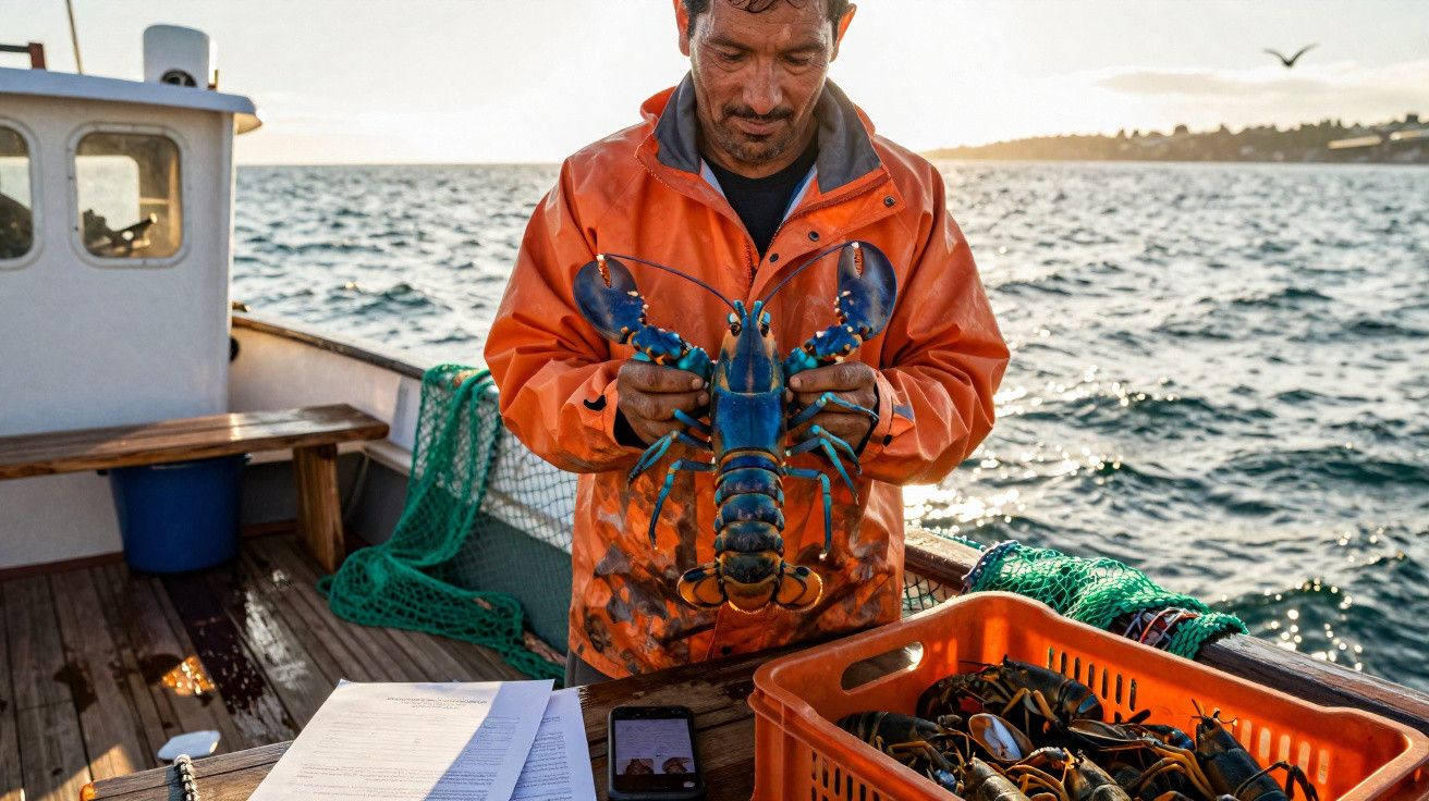 Pescador com fato impermeável laranja segura uma lagosta azul num barco ao pôr do sol no mar.