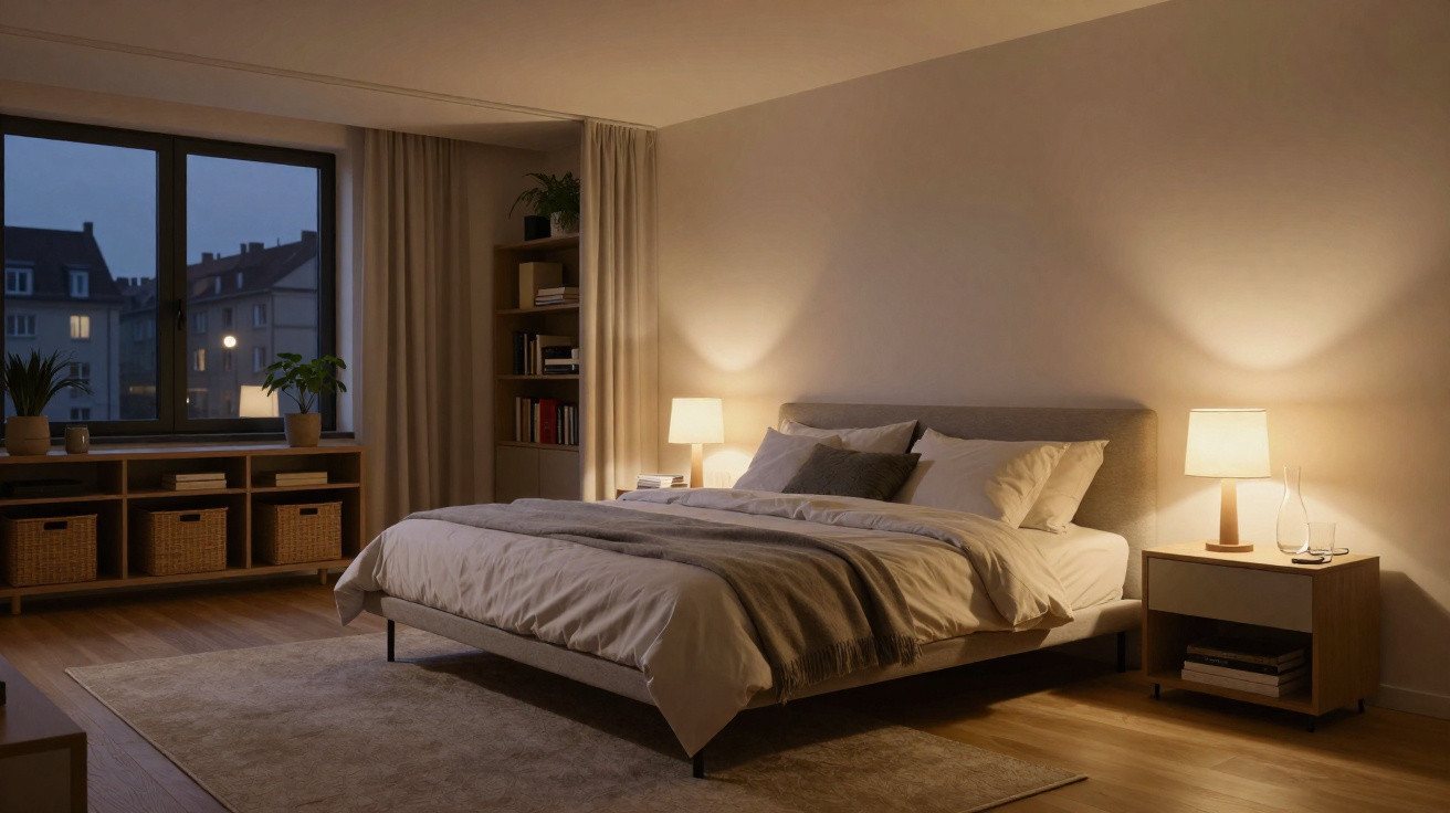 Quarto moderno com cama de casal, duas mesas de cabeceira e luz ambiente suave ao anoitecer.