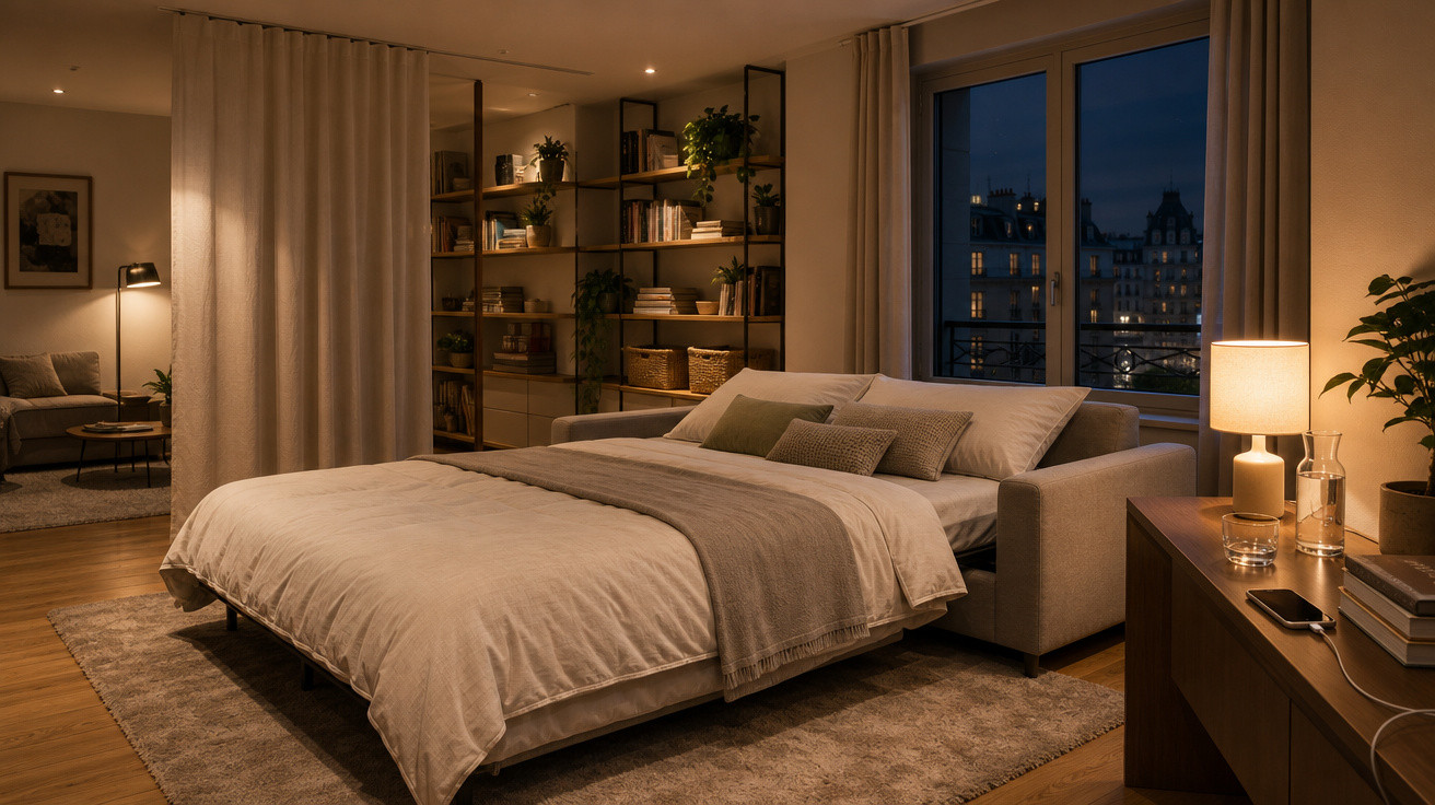 Quarto moderno com cama grande, estante com livros, candeeiro de mesa aceso e vista noturna pela janela.