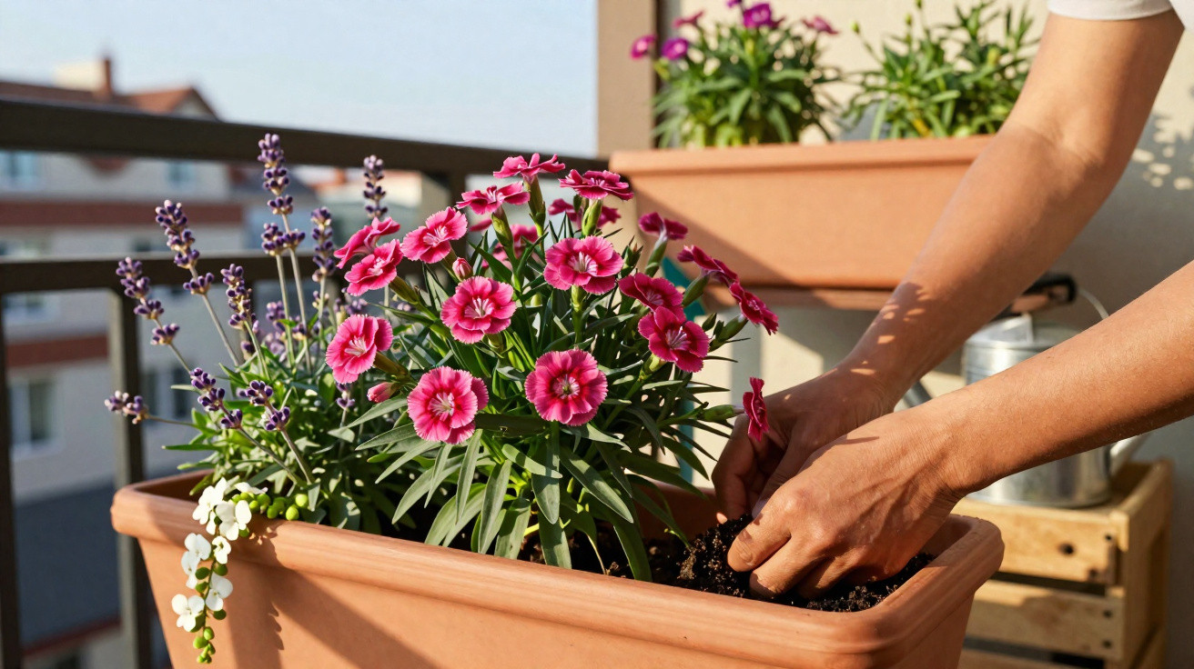 Pessoas a cuidar de flores em vasos num terraço com flores rosa, lavanda e brancas ao sol da manhã.