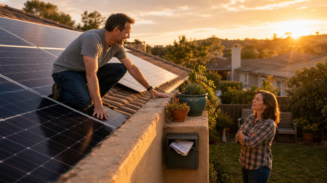 Homem no telhado junto a painéis solares conversa com mulher no jardim ao pôr do sol.