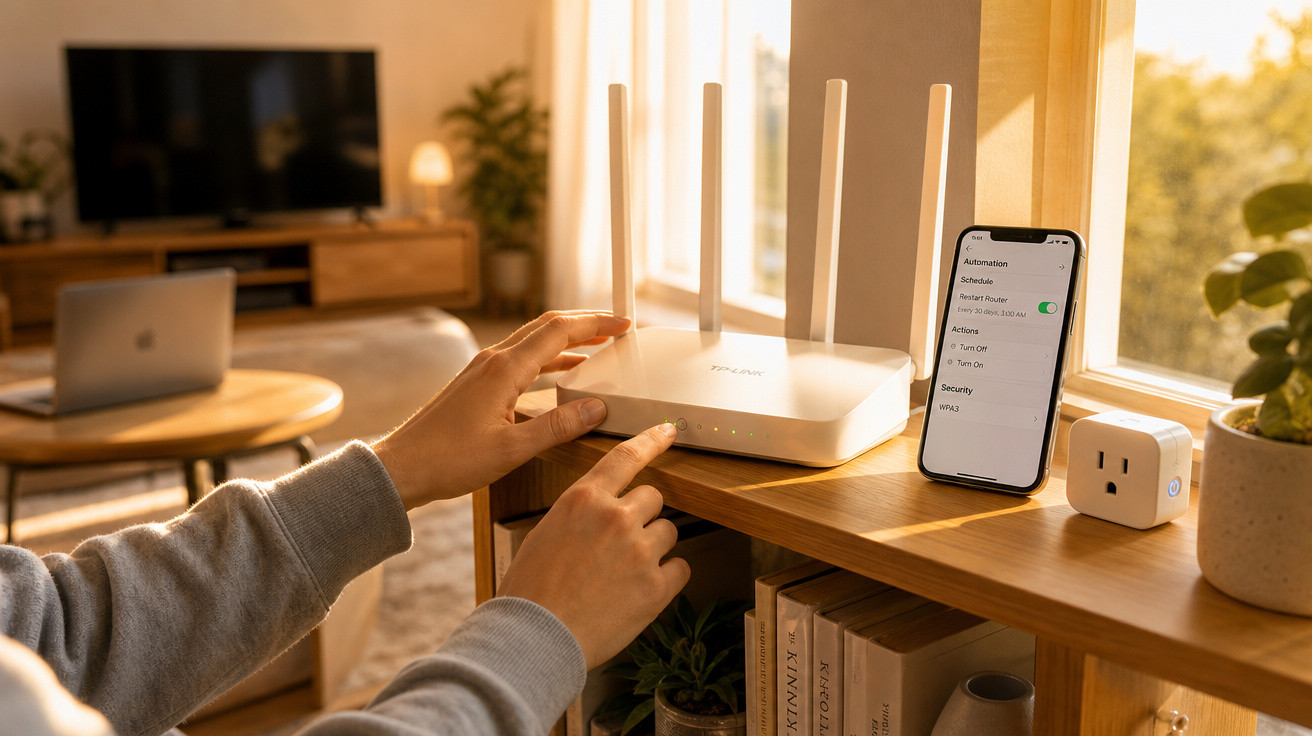 Pessoa a ligar um router Wi-Fi branco numa sala iluminada com telemóvel e presa inteligente ao lado.