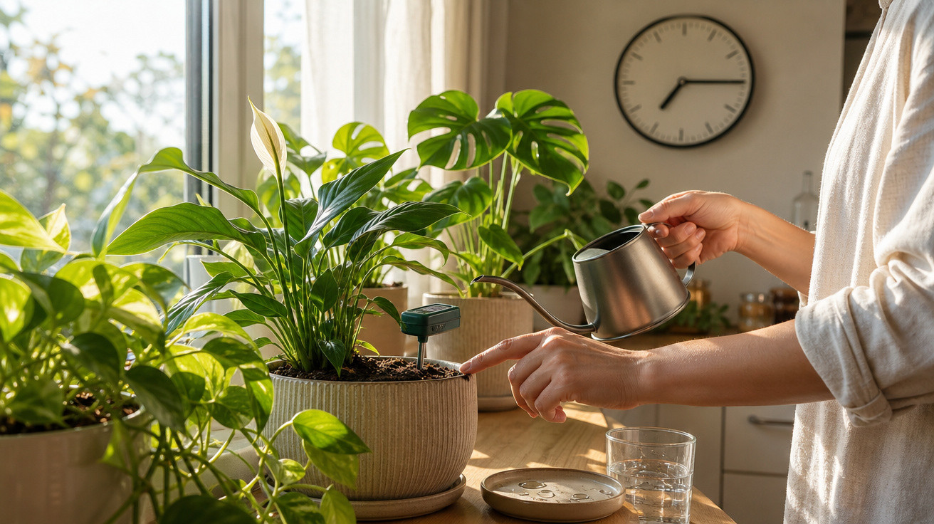 Pessoa rega plantas domésticas em vaso, com luz natural a entrar pela janela da cozinha.