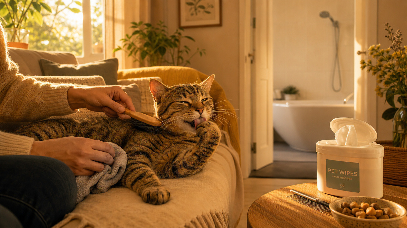 Pessoa a escovar gato relaxado numa sala iluminada ao pôr do sol com toalhitas e snacks para animais numa mesa próxima.