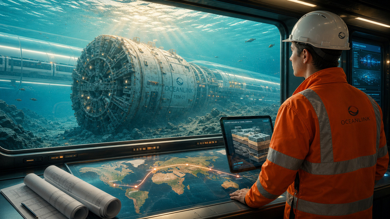 Engenheiro em colete e capacete observa túnel subaquático Oceanlink através de janela com mapas e plantas técnicas.