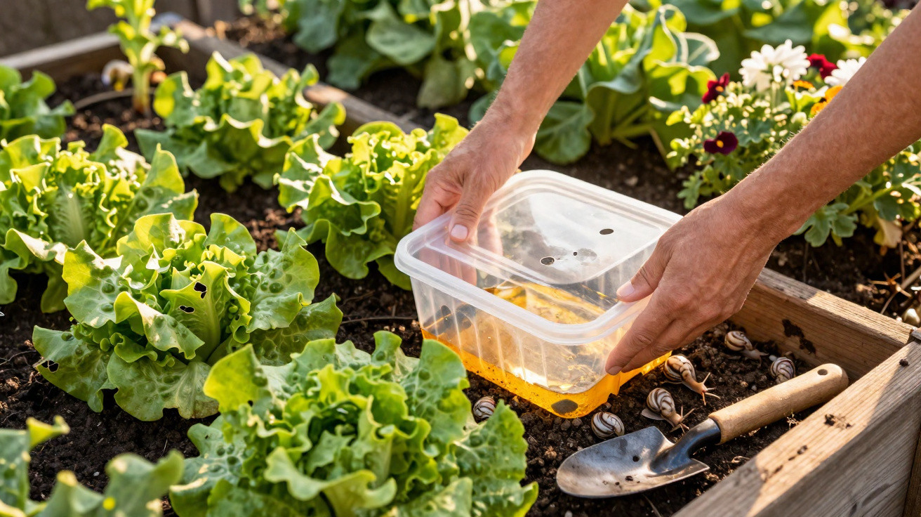 Mãos a colocar um recipiente com líquido para controlar caracóis numa horta com alfaces e flores.