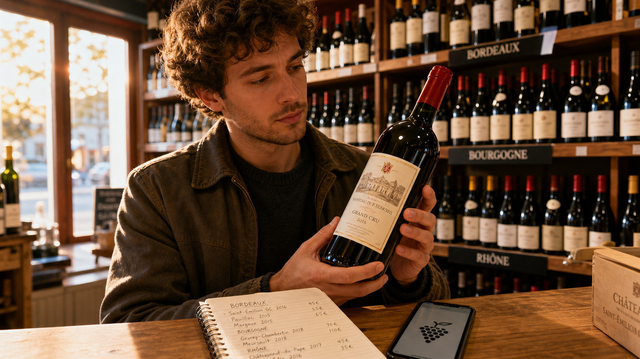 Homem a analisar uma garrafa de vinho numa loja com prateleiras organizadas por regiões vinícolas.