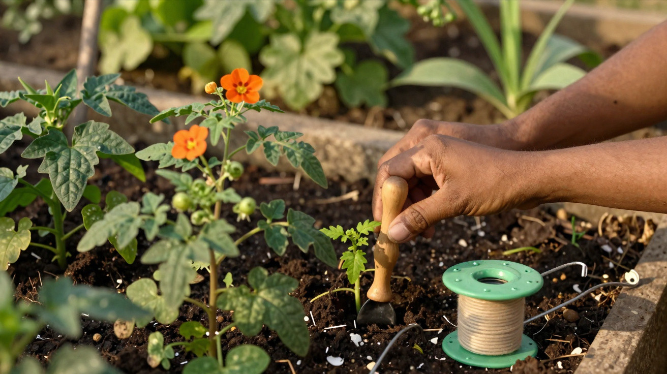 Mãos a plantar uma muda em solo fértil com flores laranja e fio verde numa pequena horta.