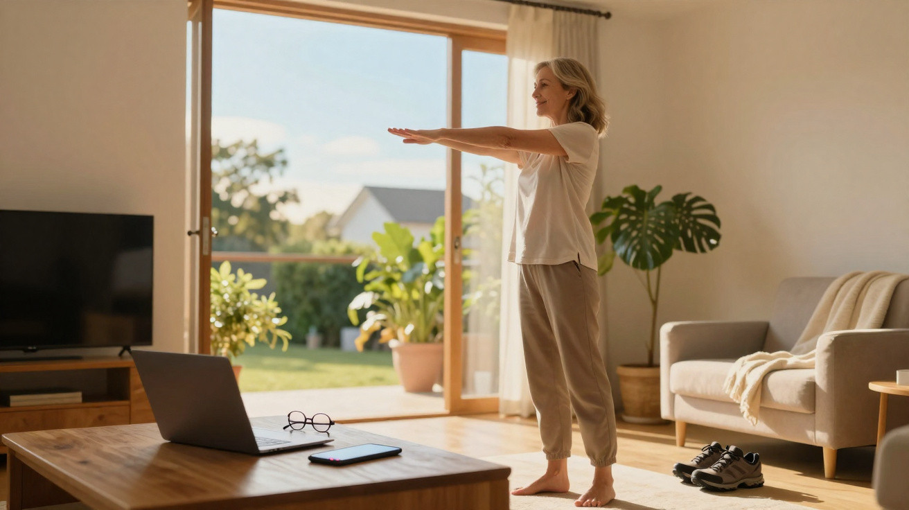 Mulher a fazer yoga em casa junto a uma porta de vidro com computador portátil numa mesa à frente.