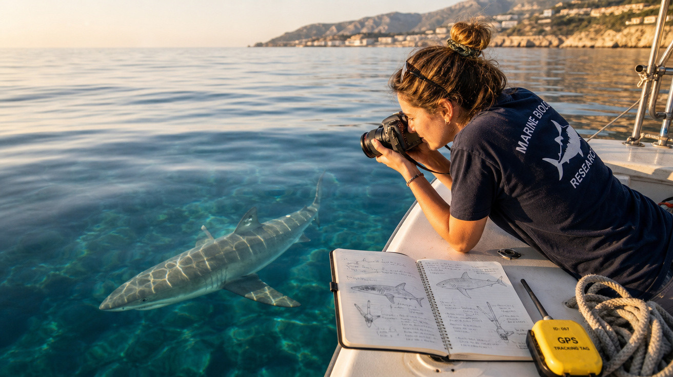 Mulher a fotografar um tubarão na água transparente durante pesquisa marinha num barco ao pôr do sol.