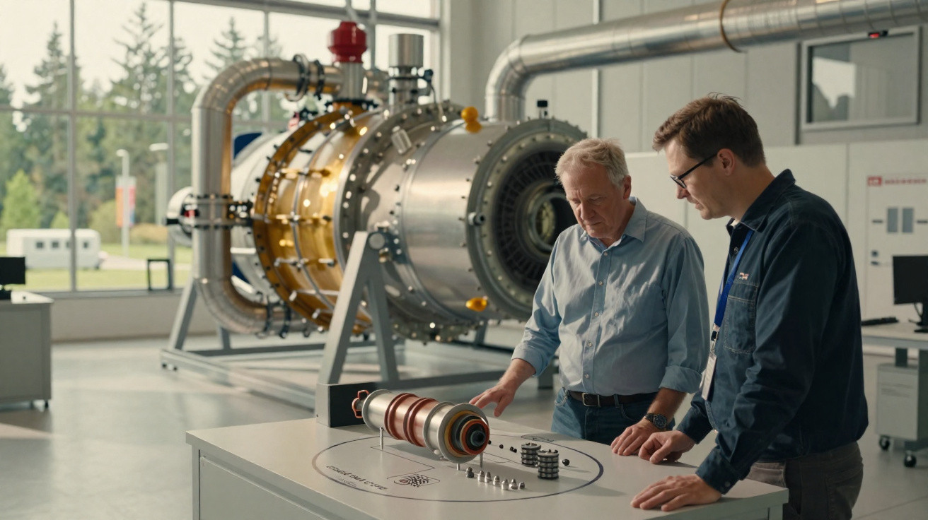 Dois engenheiros analisam componentes de uma turbina em oficina industrial com equipamento grande ao fundo.