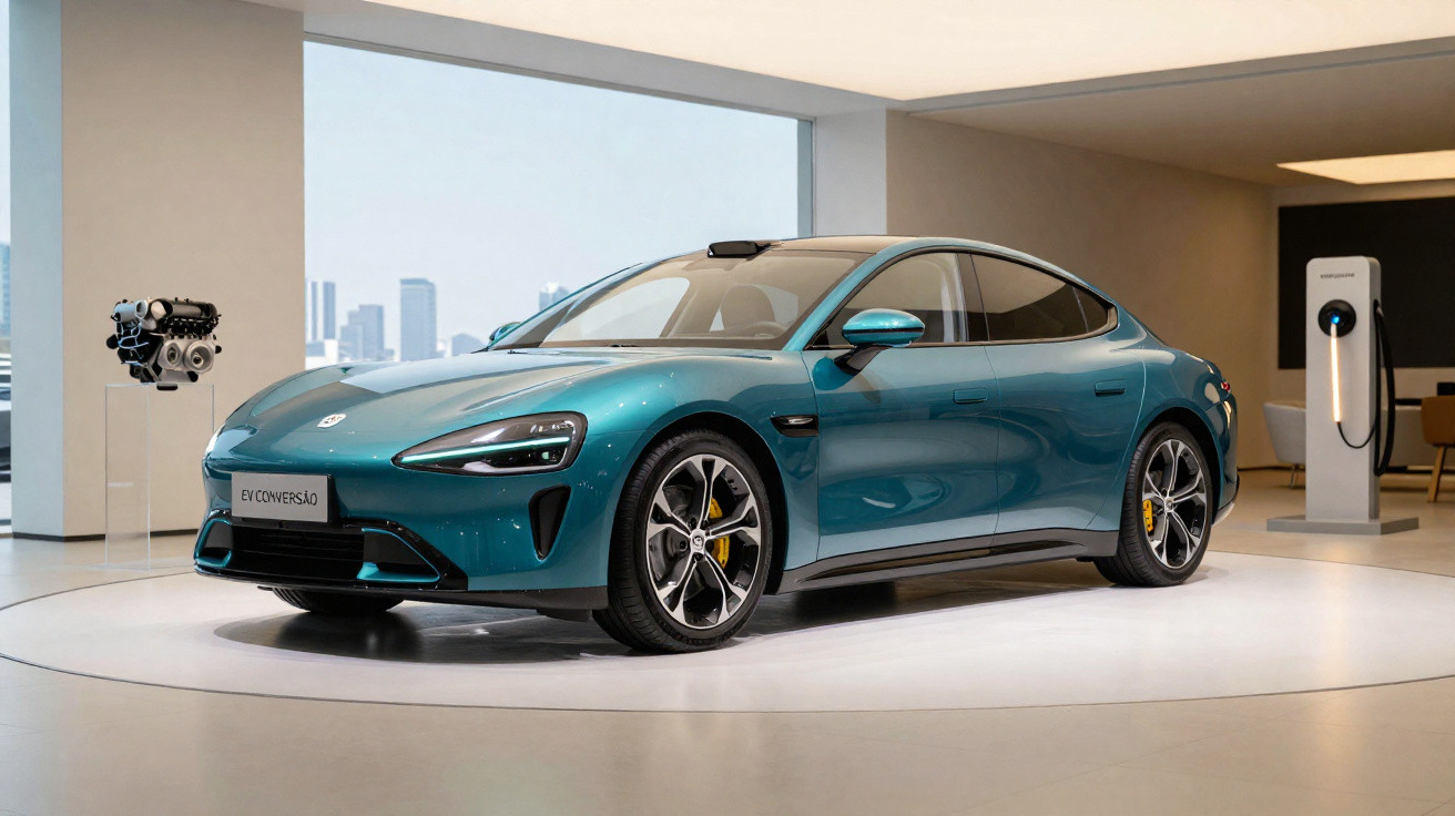 Carro elétrico azul exibido em showroom moderno com carregador e motor exposto.