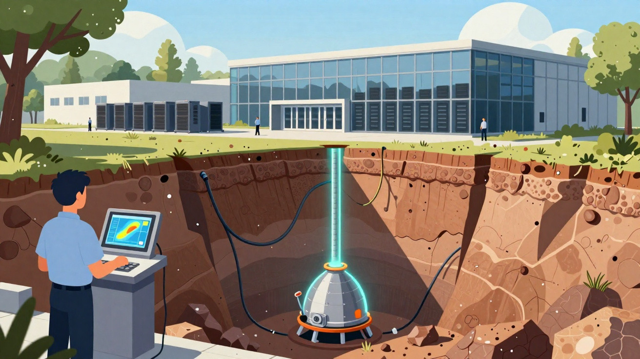 Ilustração de tecnologia subterrânea com homem a controlar dispositivo numa área escavada perto de edifício moderno.