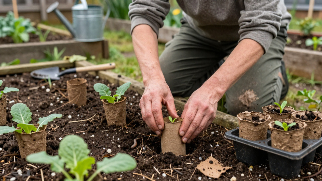 Pessoa a transplantar mudas para vasos biodegradáveis numa horta com canteiros de terra fértil.
