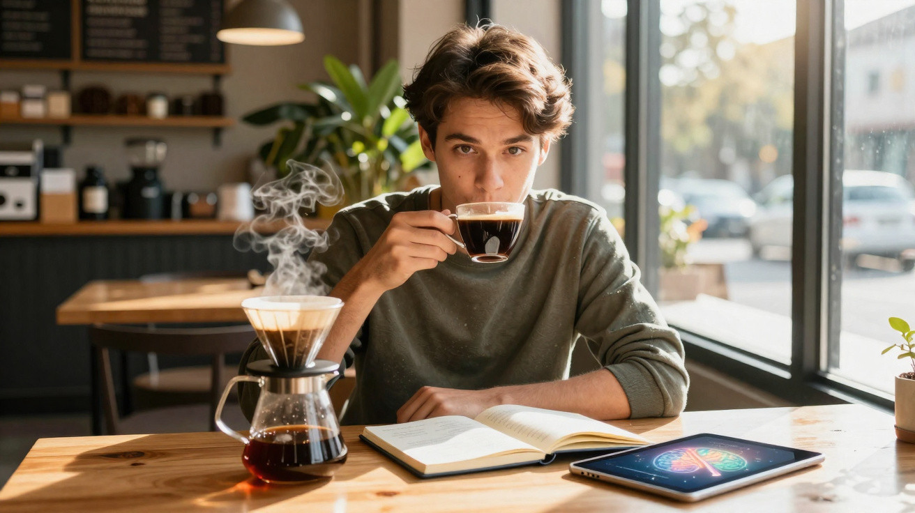 Jovem sentado numa mesa de café a beber café, com livro aberto e tablet com imagem colorida ao lado.