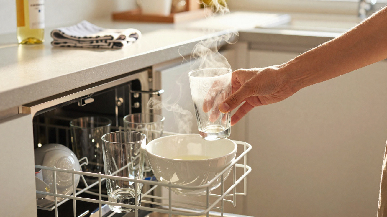 Mão a retirar copo quente a vapor de dentro de um lava-louças numa cozinha clara.