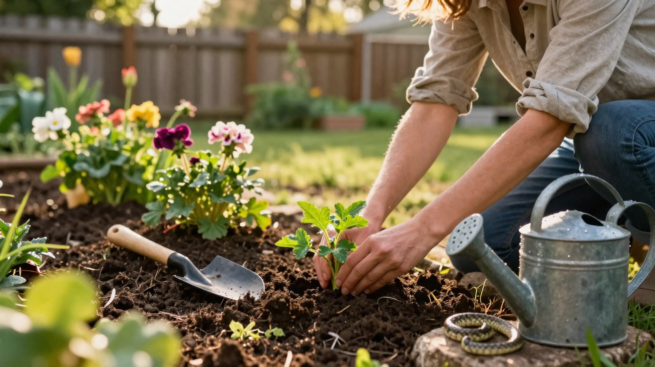 Pessoa a plantar uma muda num jardim com flores coloridas, regador e enxada ao lado.