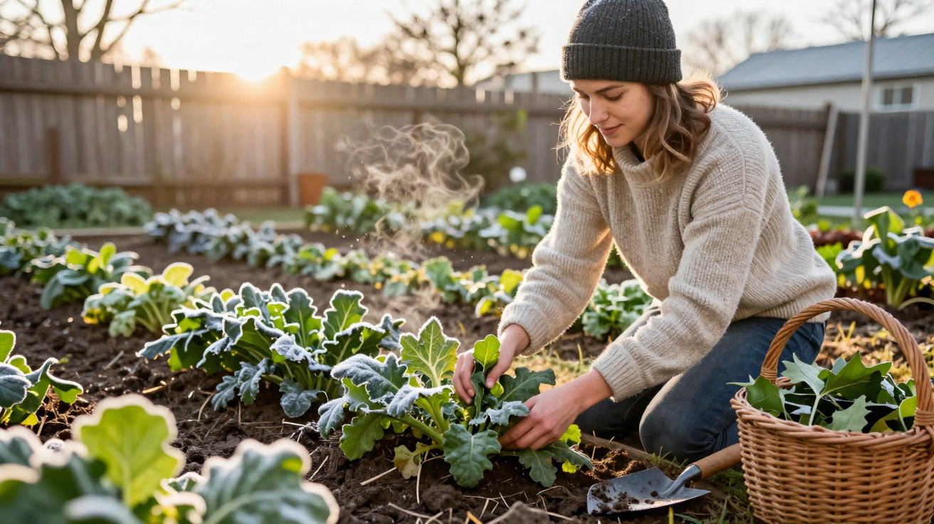 Mulher de gorro e camisola a cuidar de plantas numa horta com cesta e ensaio solar ao fundo.