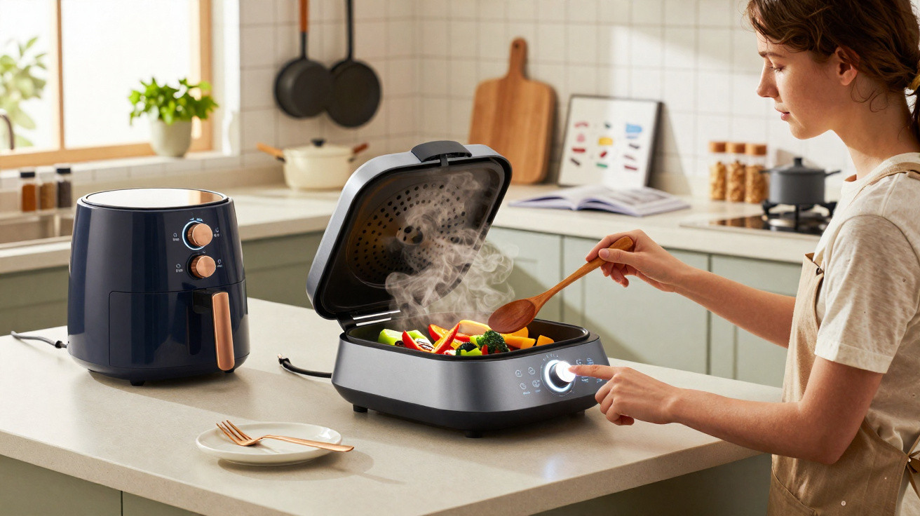 Mulher a cozinhar legumes frescos numa panela elétrica multifunções, numa cozinha moderna e iluminada.