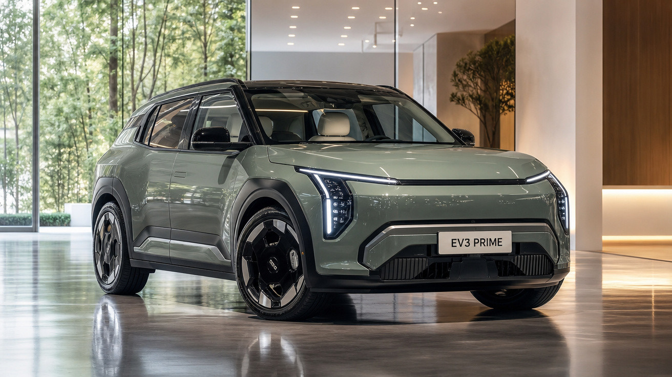 Carro elétrico cinza EV3 PRIME estacionado em piso polido dentro de espaço moderno com grandes janelas.