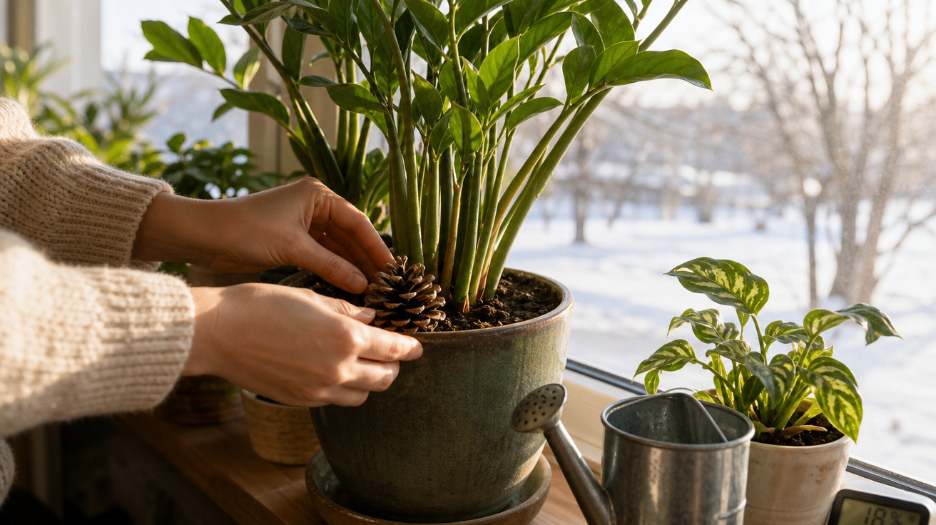 Mãos a decorar vaso de planta com pinha em parapeito de janela com plantas e regador.