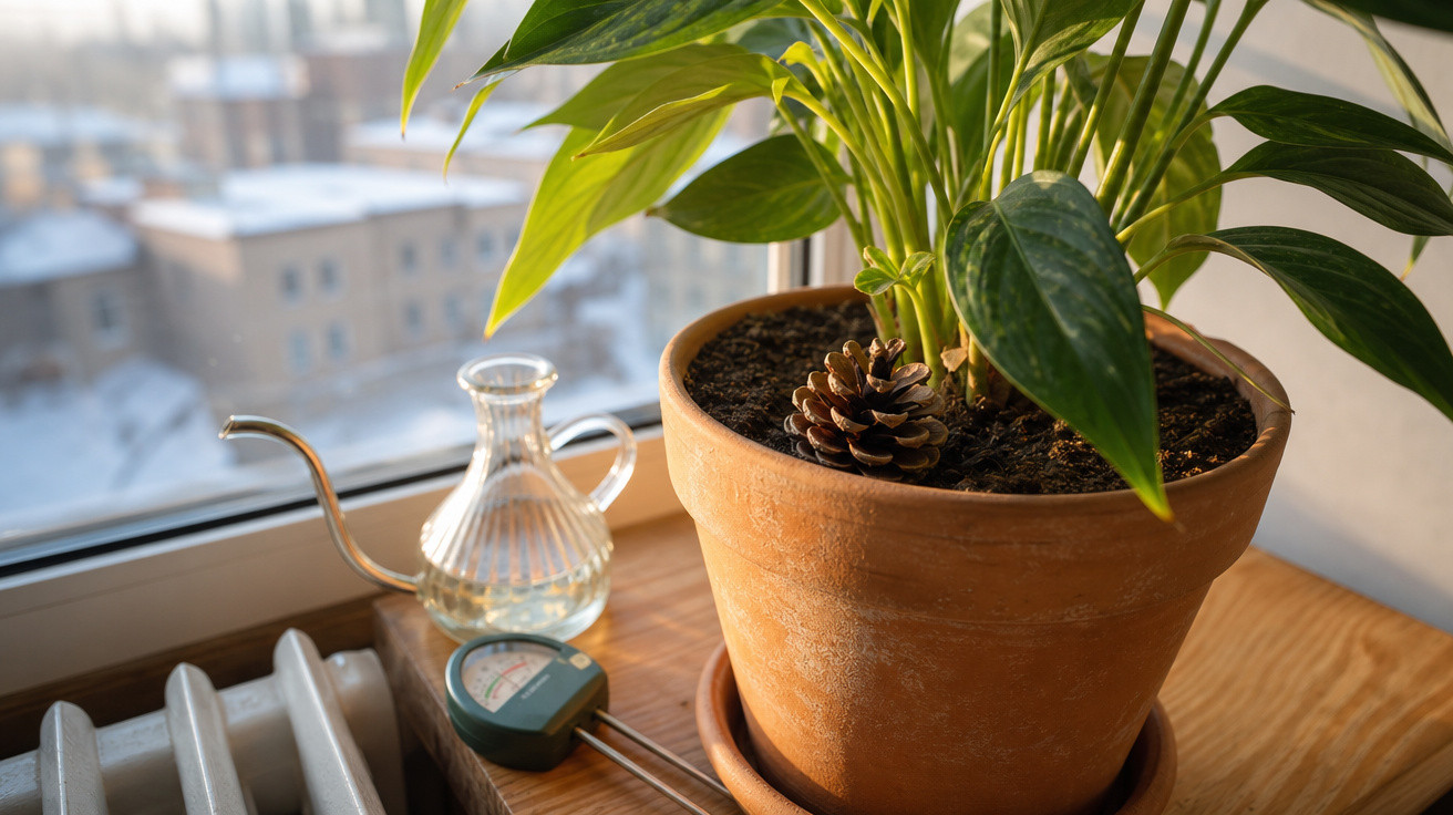 Vaso de barro com planta e pinha ao lado de regador e medidor de humidade numa janela iluminada.
