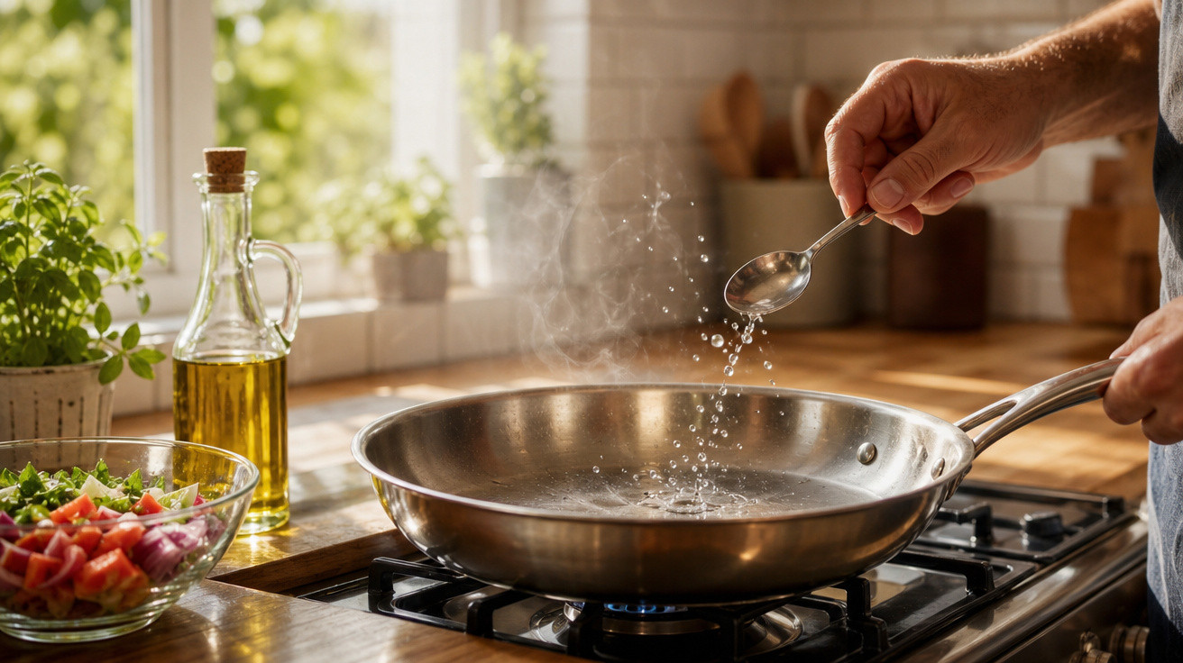 Mão a salpicar sal numa frigideira quente numa cozinha com luz natural e vegetais frescos na bancada.