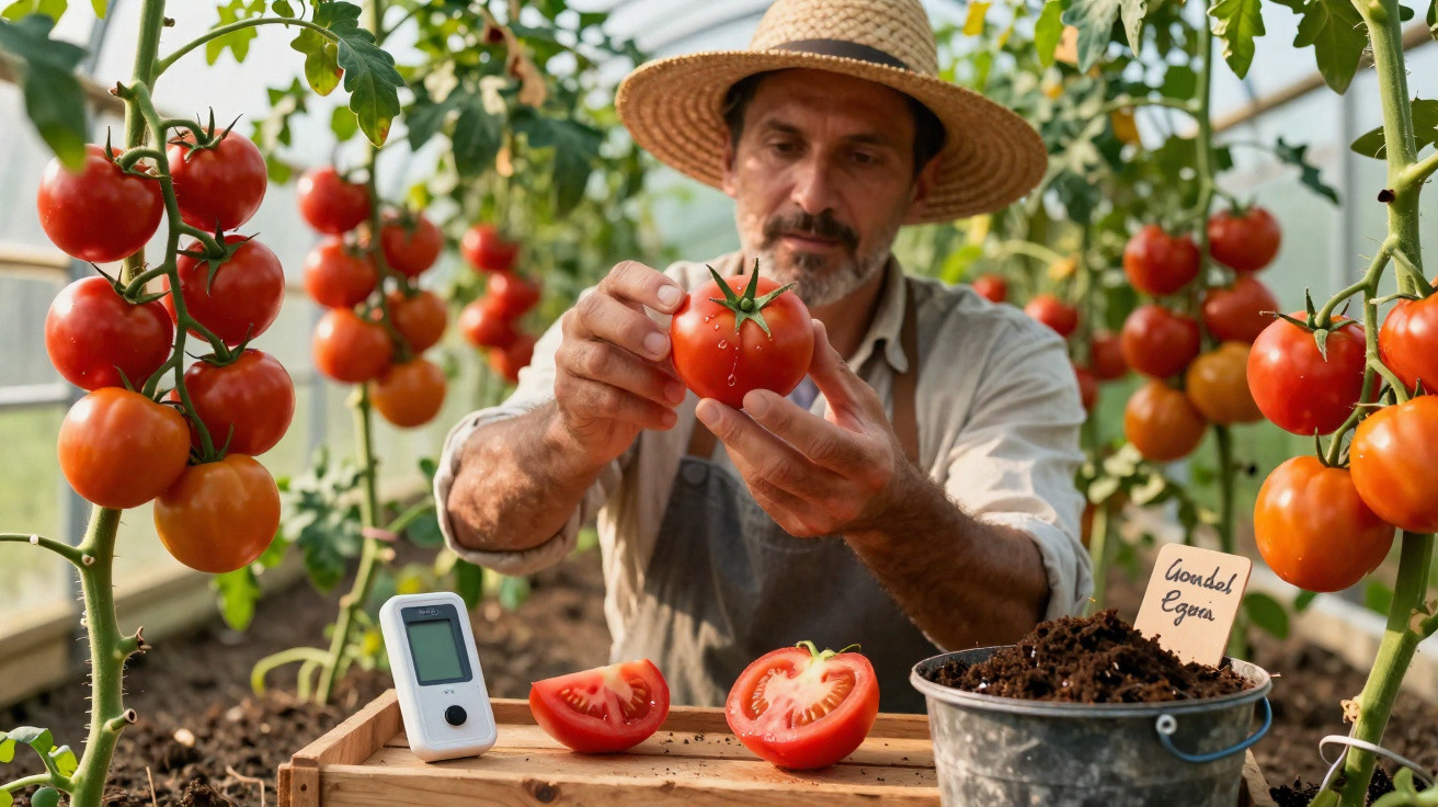Homem com chapéu a inspecionar tomate em estufa rodeado por plantas de tomateiros maduros.
