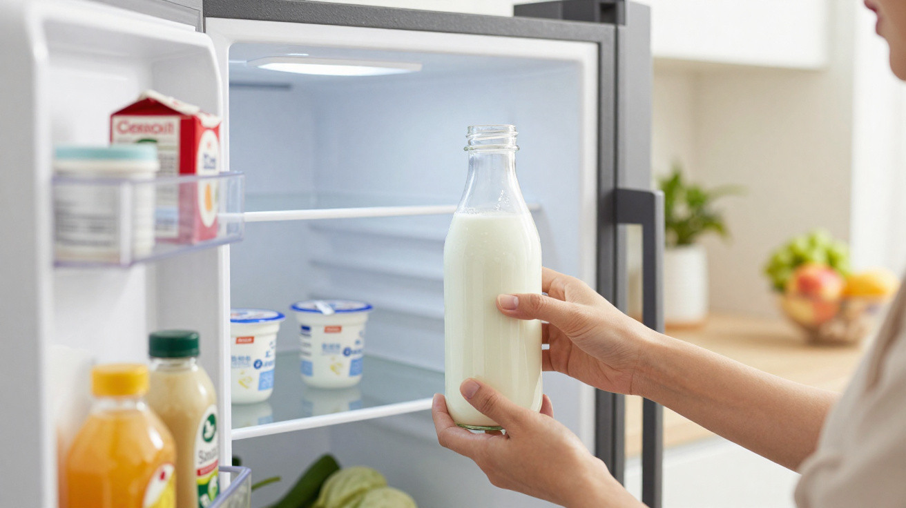 Pessoa a segurar garrafa de vidro com leite ao abrir frigorífico com alimentos dentro.