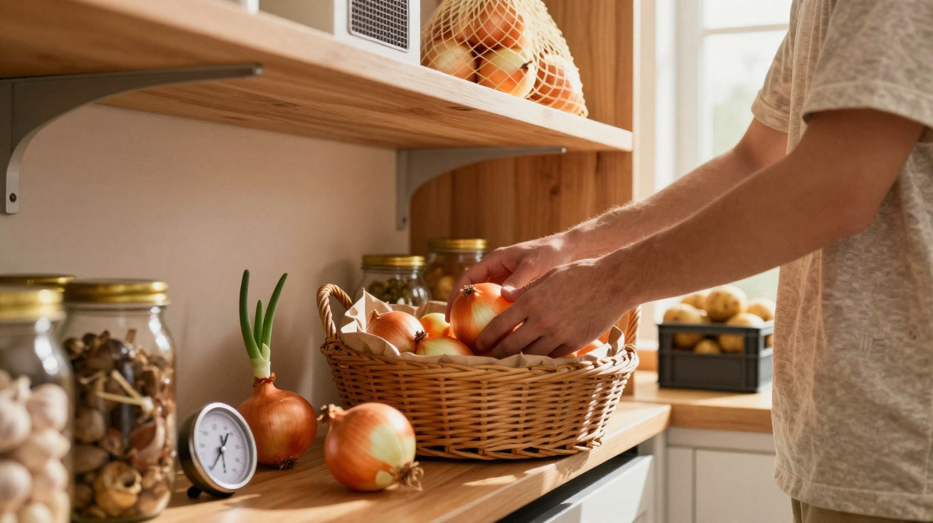 Pessoa a apanhar cebolas de uma cesta de vime numa cozinha com prateleiras e frascos de vidro.
