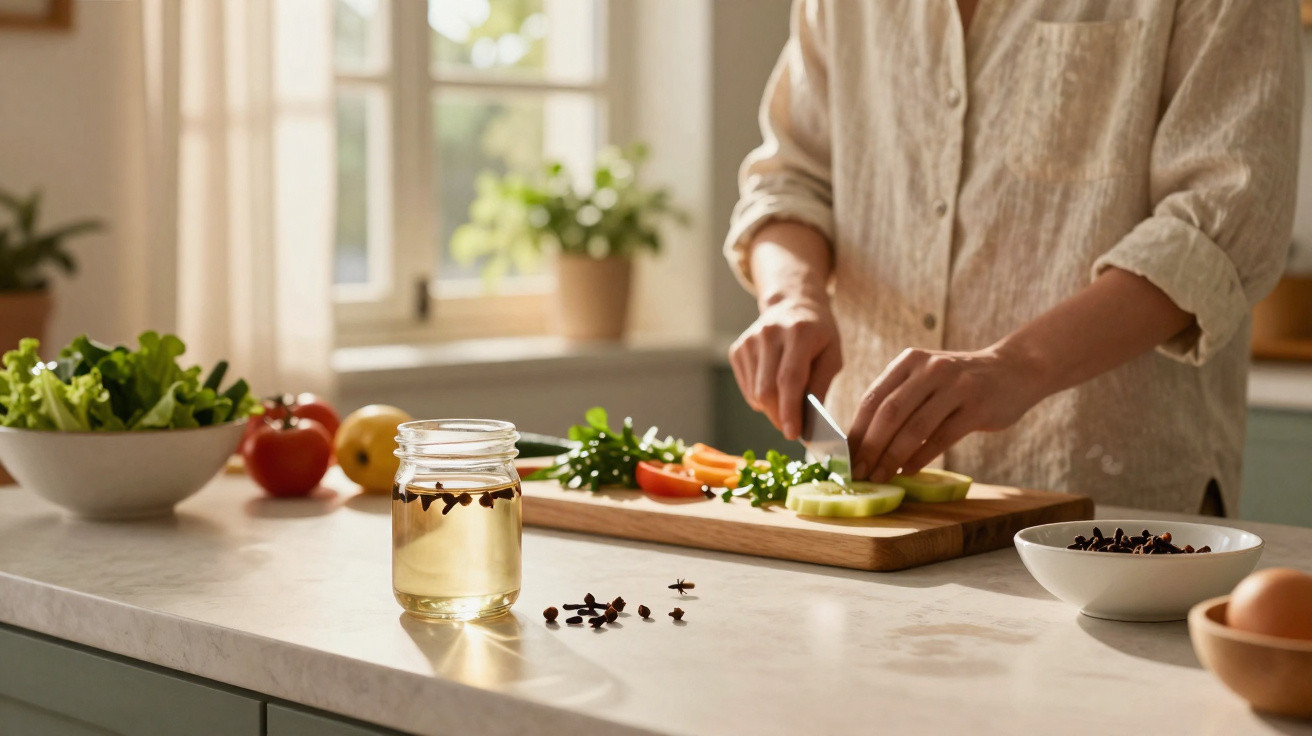 Pessoa a cortar legumes numa tábua na cozinha com frascos e tigelas de ingredientes sobre a bancada.