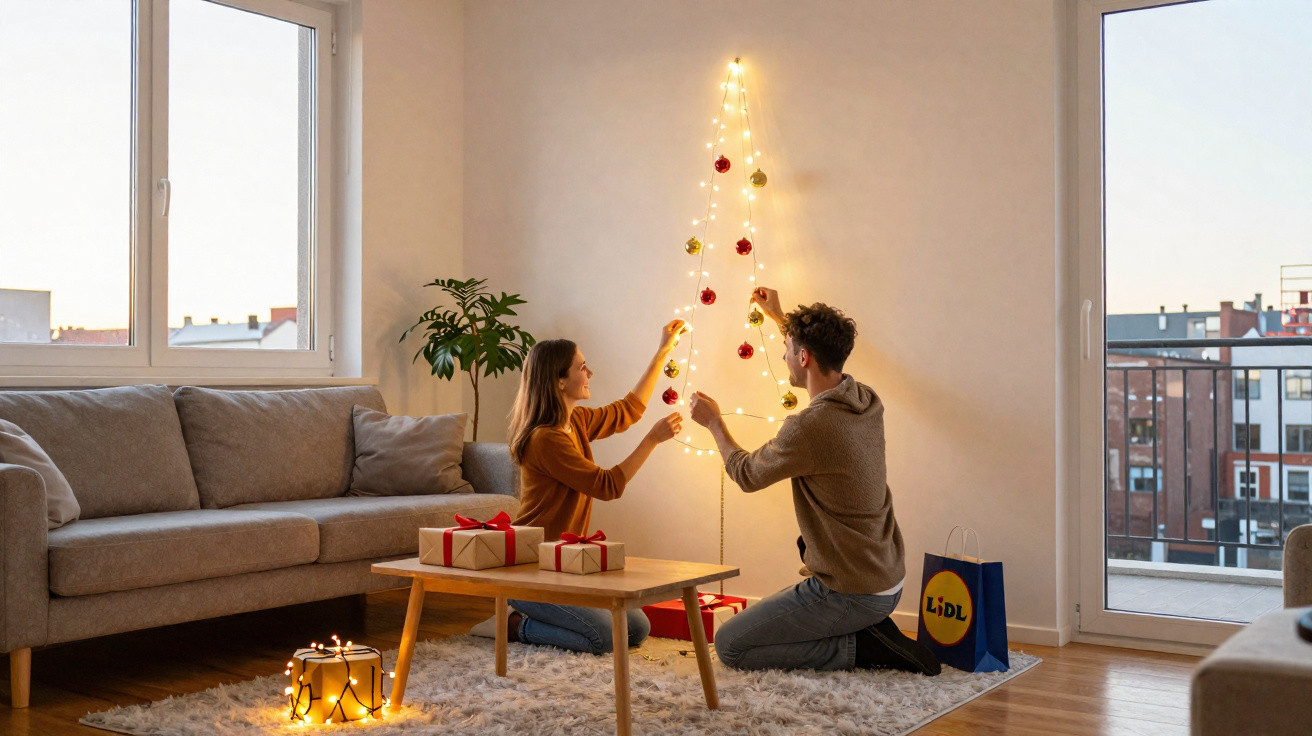 Casal a decorar árvore de Natal minimalista feita de luzes e bolas vermelhas numa sala acolhedora.
