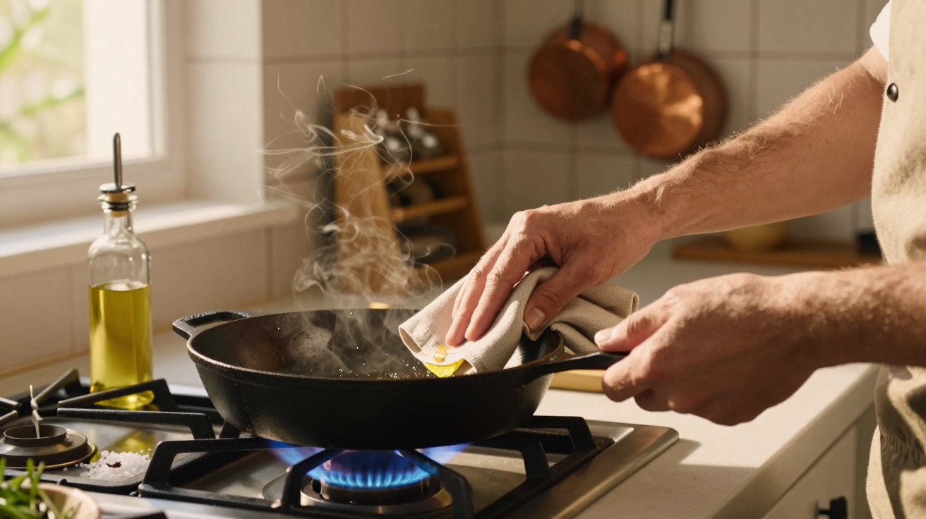 Mãos a limpar frigideira quente com pano numa cozinha com chama de fogão a gás acesa.