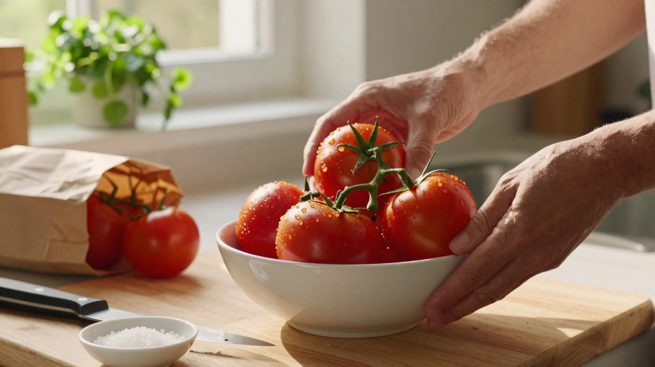 Mãos a colocar tomates frescos com gotas de água numa taça branca sobre uma tábua de madeira.