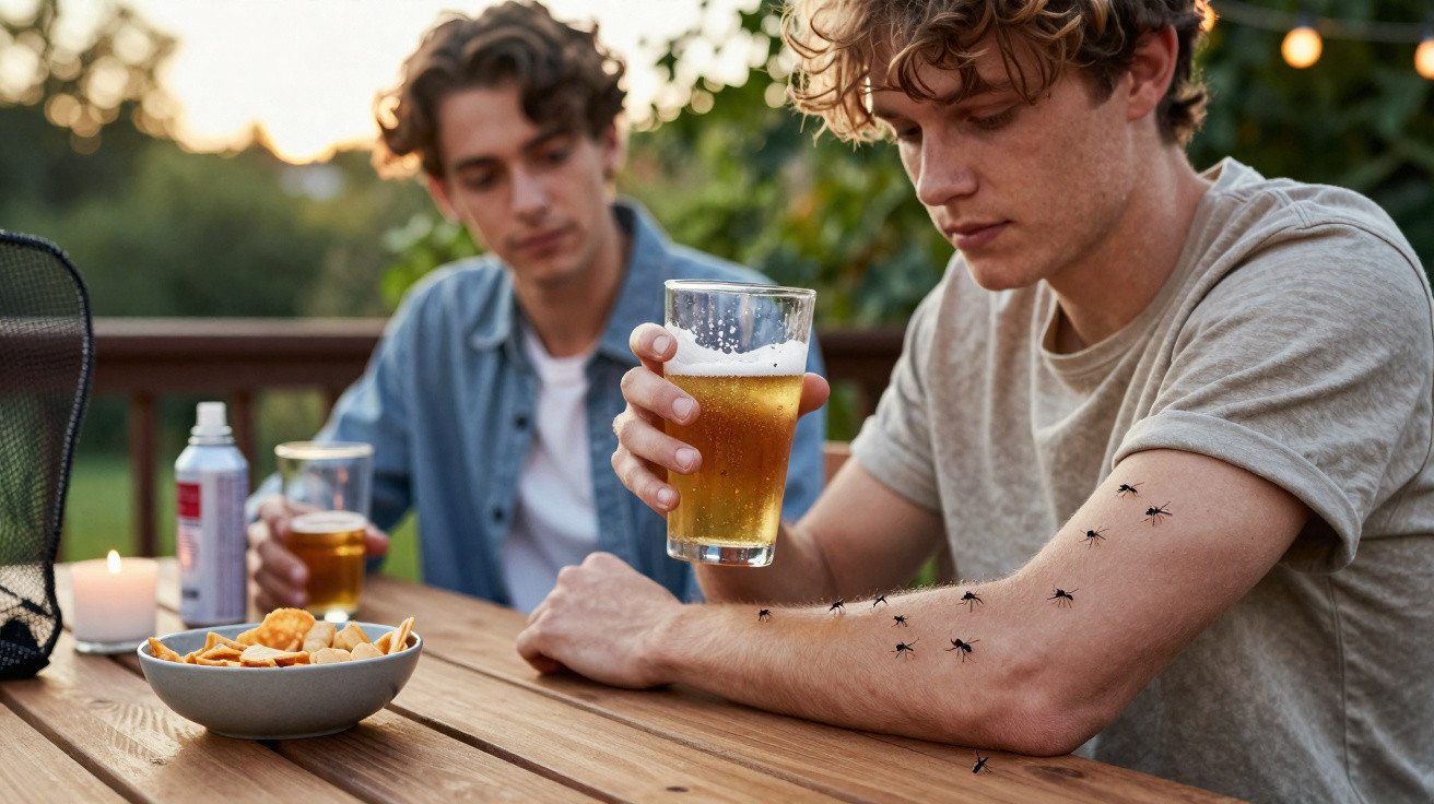 Dois jovens sentados à mesa, um com várias formigas no braço e a segurar um copo de cerveja.