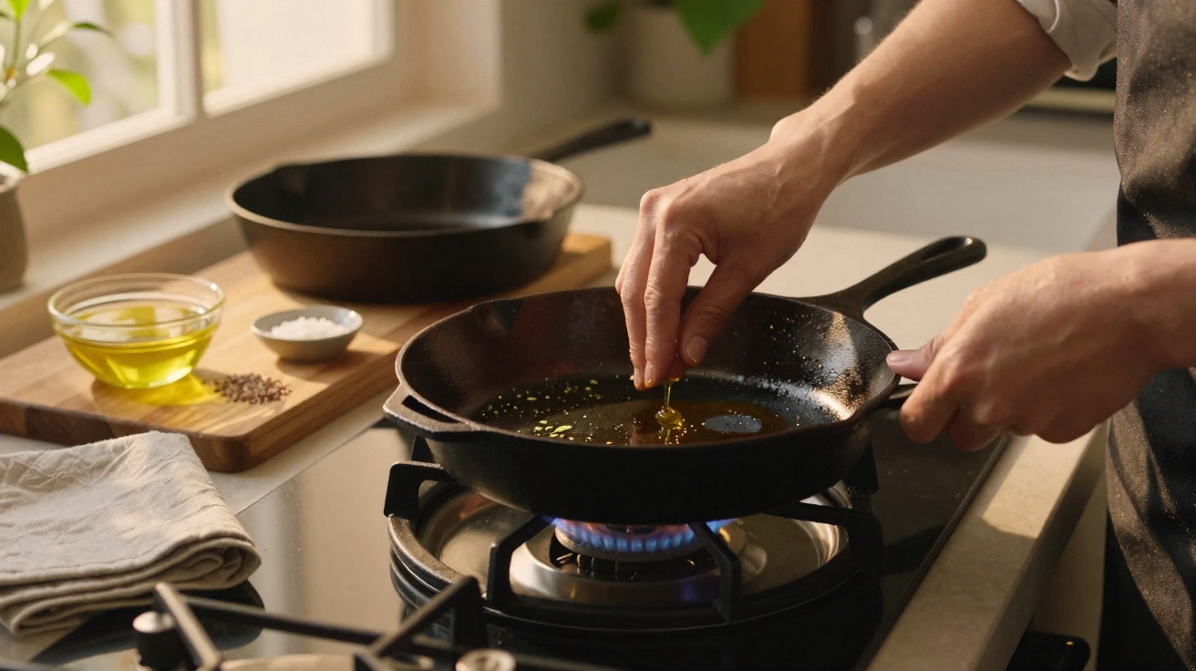 Mãos a adicionar azeite numa frigideira preta sobre fogão a gás numa cozinha iluminada pelo sol.