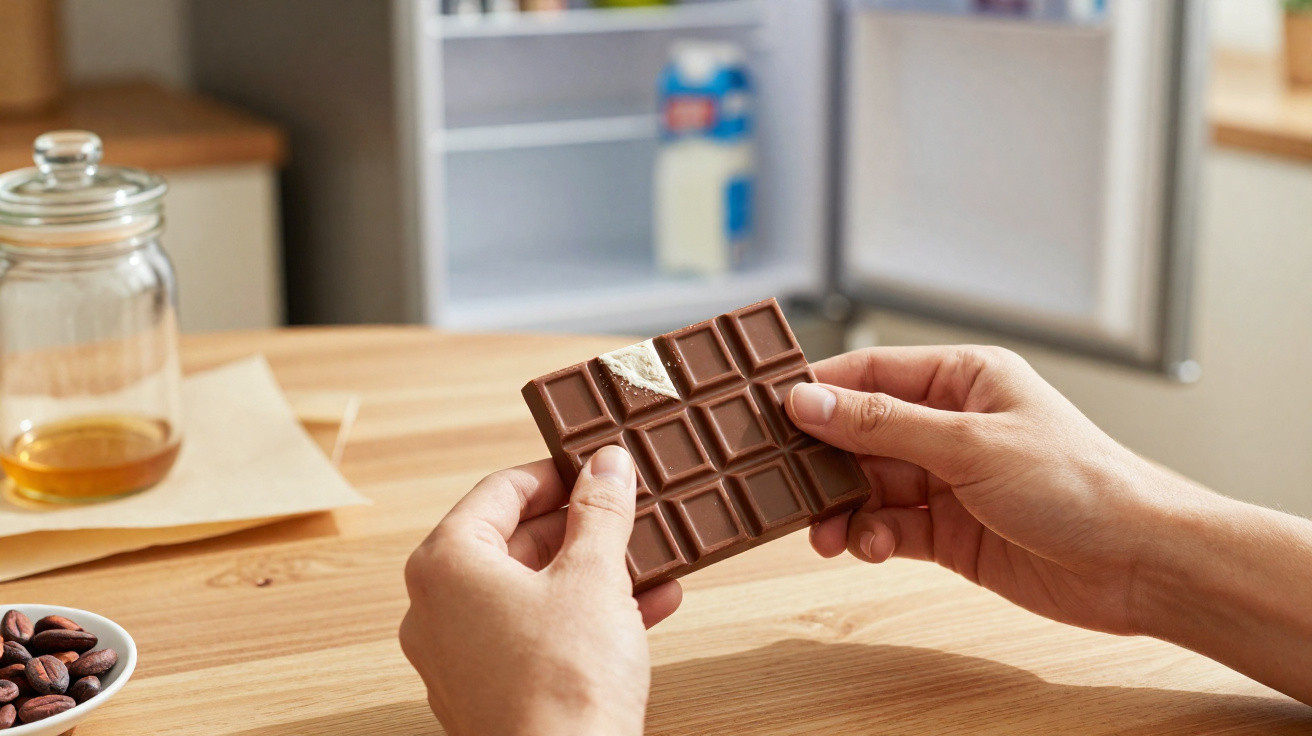 Pessoa a segurar uma barra de chocolate com pedaço partido, sobre mesa de madeira numa cozinha.