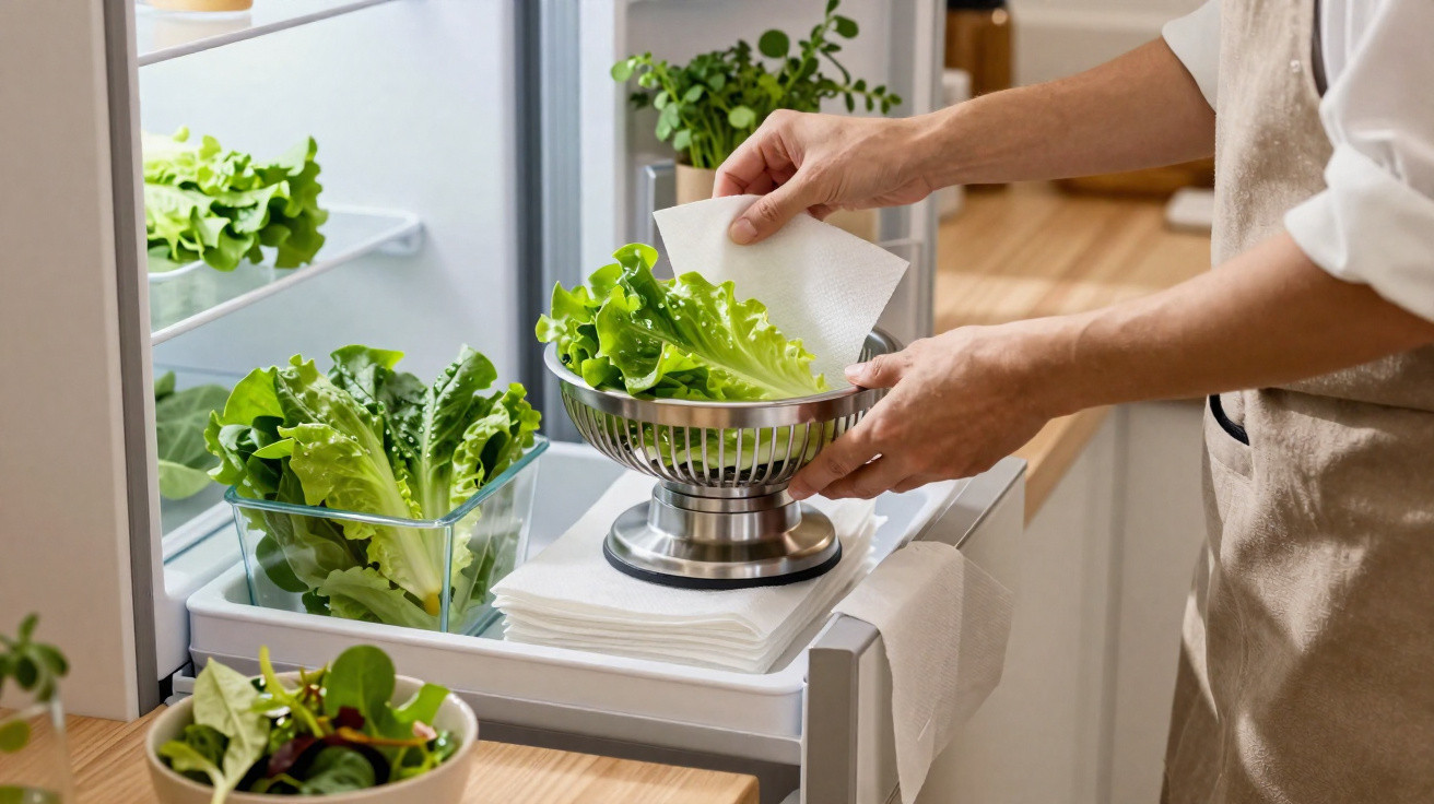 Pessoa a secar alfaces frescas junto a um frigorífico aberto numa cozinha moderna.
