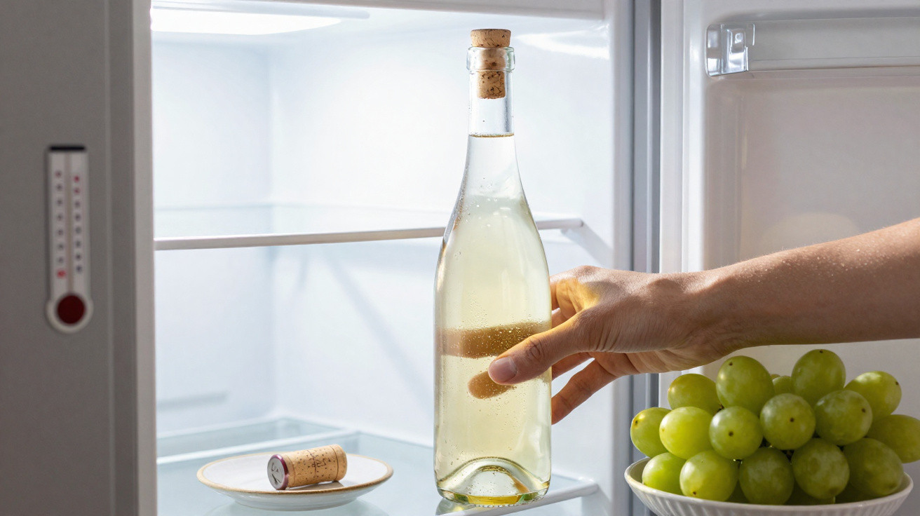 Mão a pegar garrafa de vidro com líquido dentro de frigorífico aberto com uvas verdes em prato ao lado.