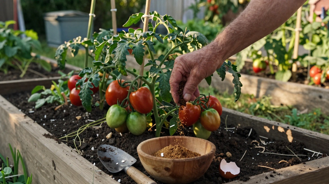 Pessoa a fertilizar plantas de tomate com adubo orgânico em canteiro elevado num jardim doméstico.