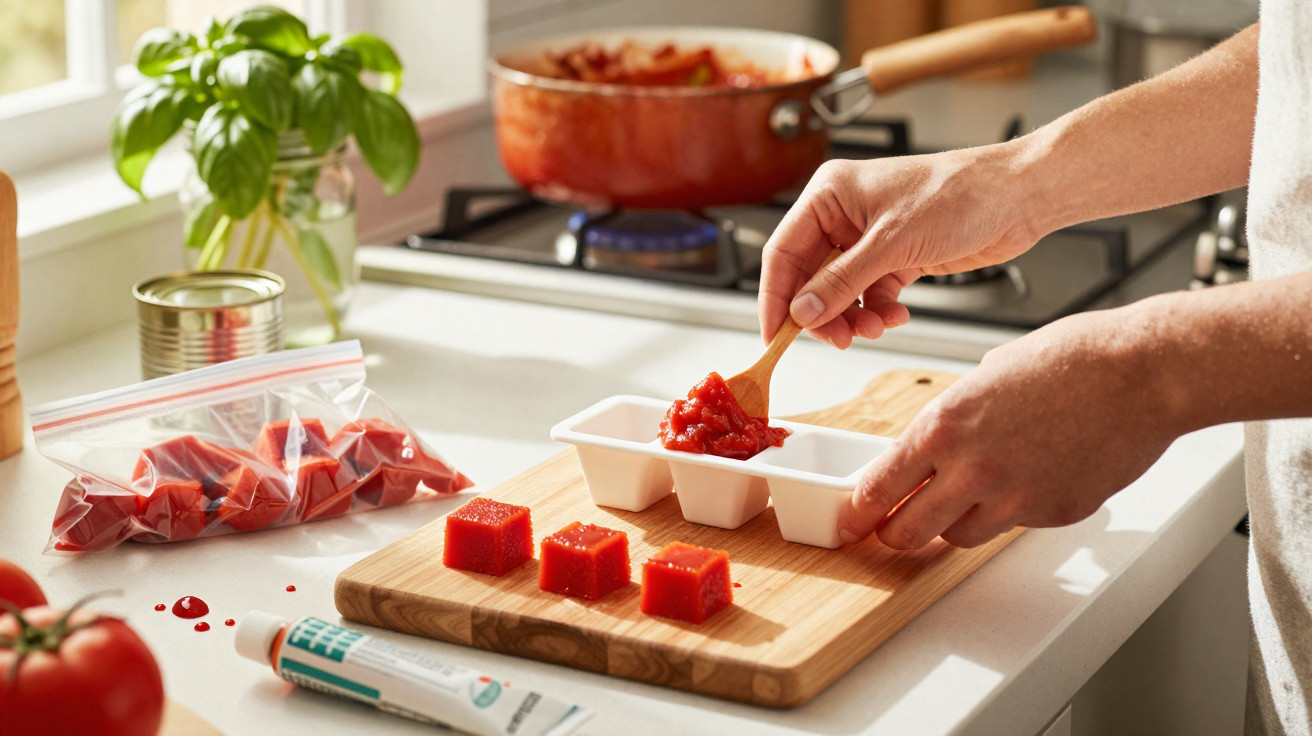 Pessoa colocando puré de tomate em formas de gelo para congelar na cozinha iluminada pelo sol.