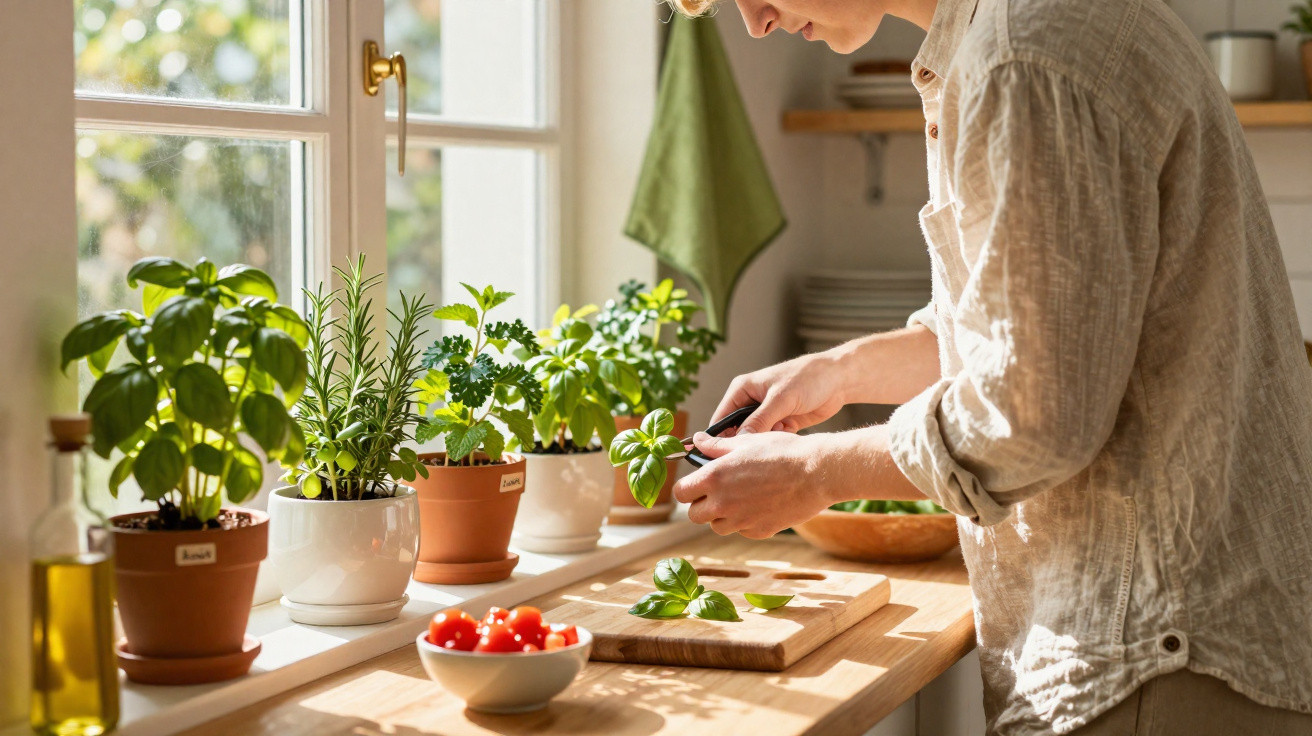 Pessoa a cortar ervas frescas numa cozinha com várias plantas aromáticas junto à janela.