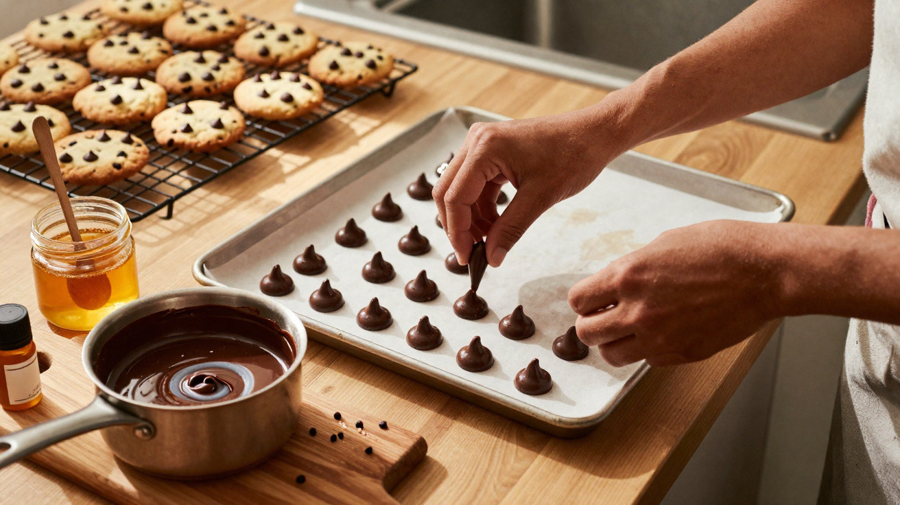 Mãos formam gotas de chocolate num tabuleiro, ao lado de chávena com chocolate derretido e bolachas com pepitas de chocolate.