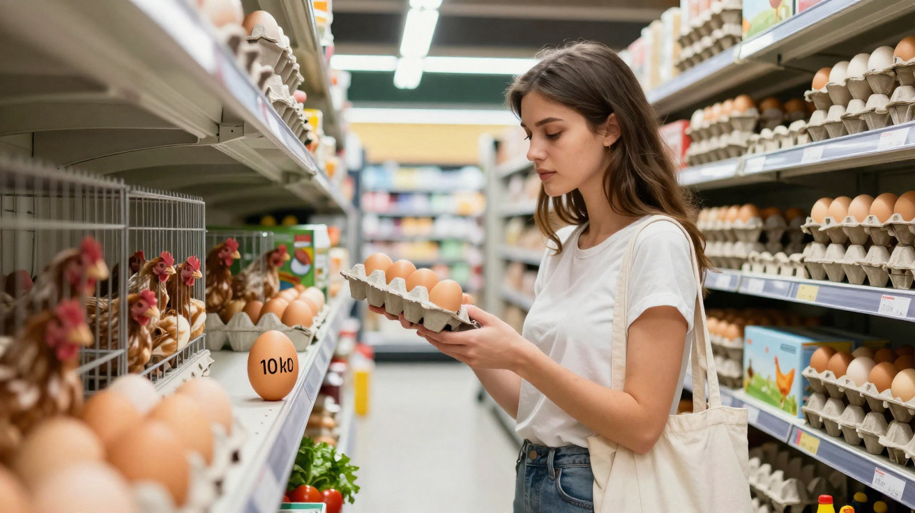 Mulher jovem segura tabuleiro de ovos enquanto faz compras num supermercado moderno.