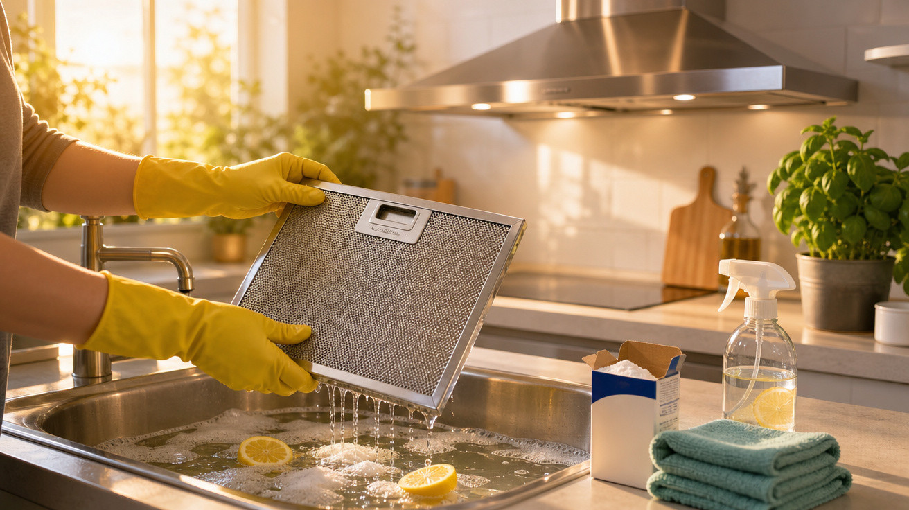 Pessoa a lavar filtro metálico da chaminé na cozinha com água, limão e produtos de limpeza.