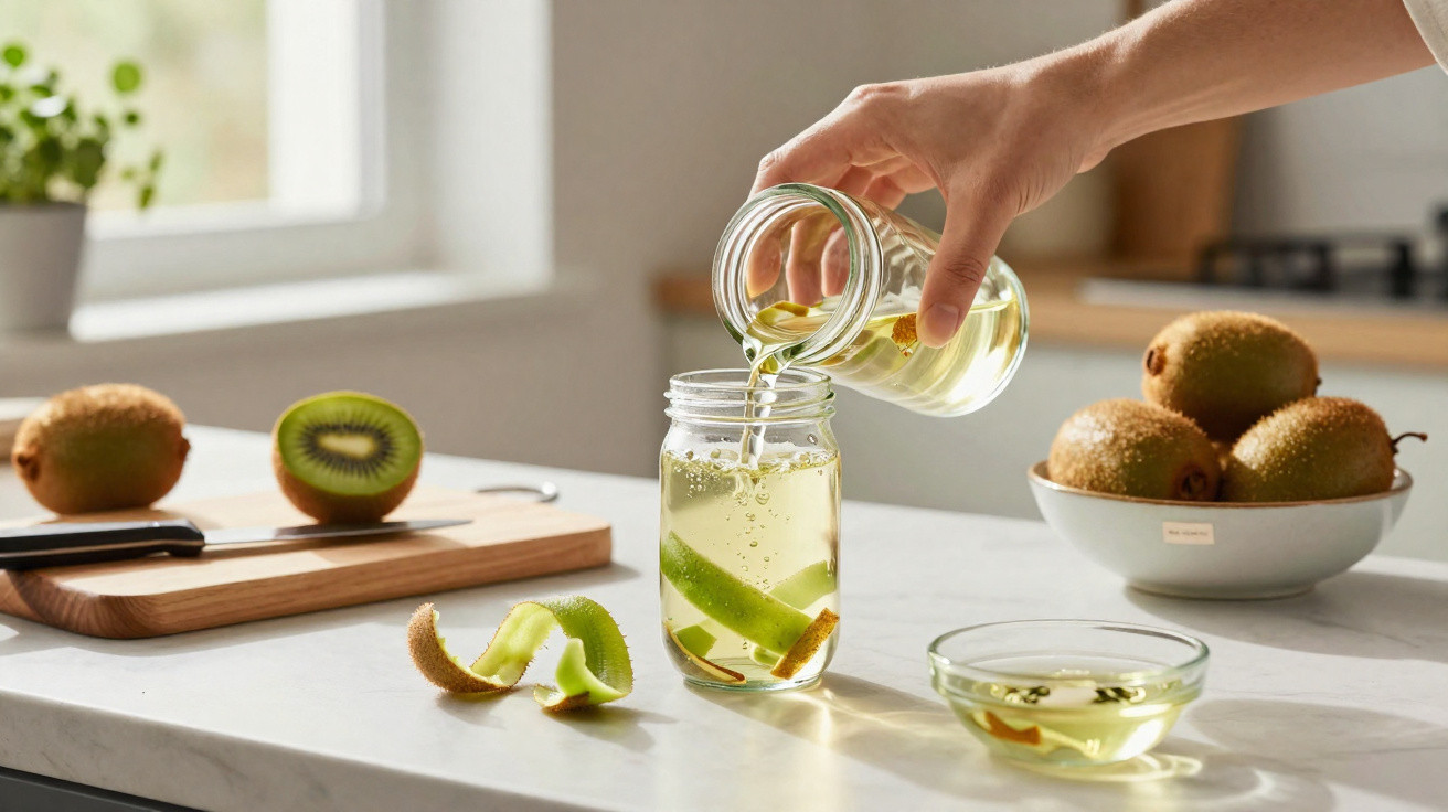 Mão a verter líquido numa jarra com fatias de kiwi, numa cozinha com kiwis inteiros e cortados sobre a bancada.