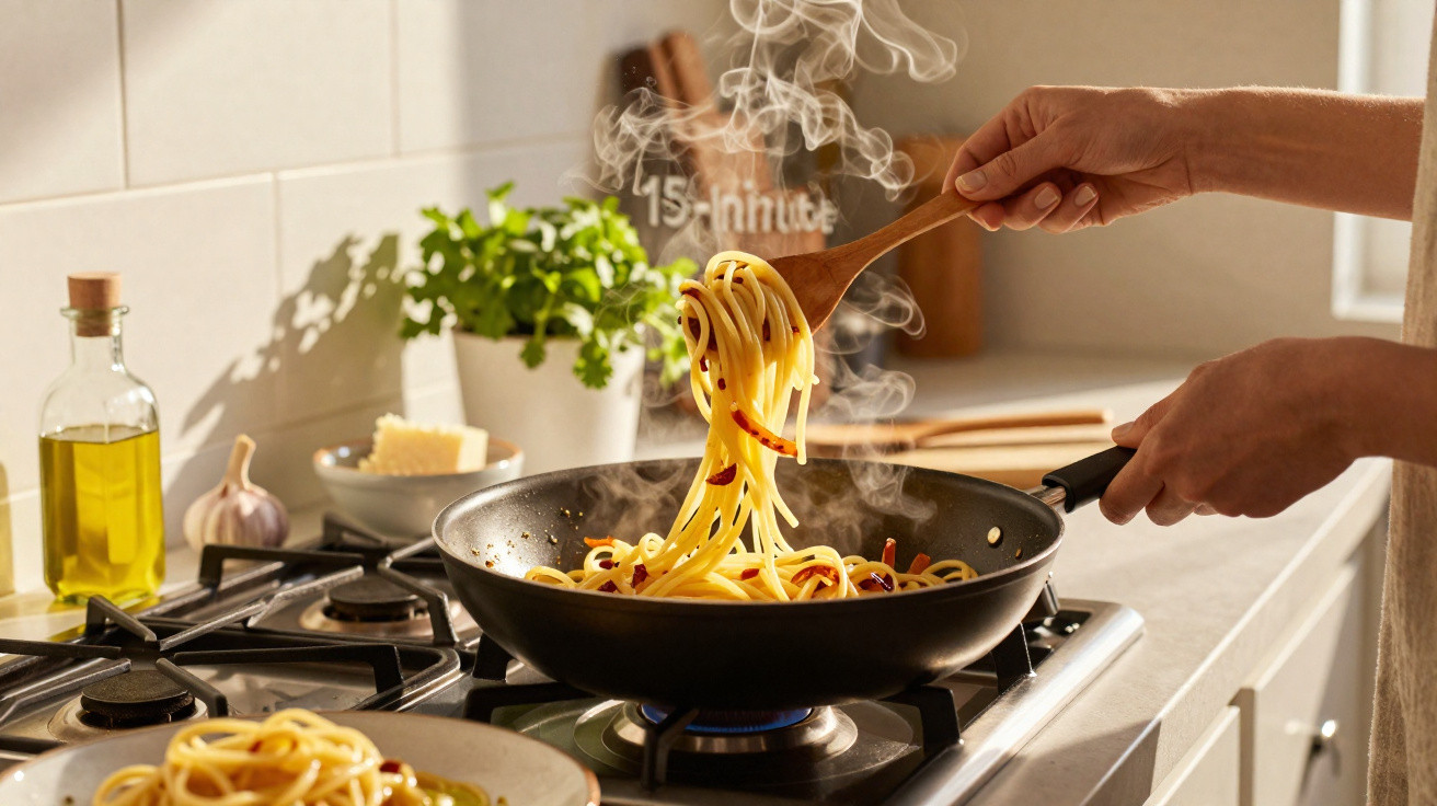 Mãos a cozinhar esparguete numa frigideira com vapor numa cozinha iluminada pelo sol.